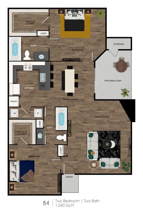 Floor plan for 2 beds, 2 baths, 1040 sqft